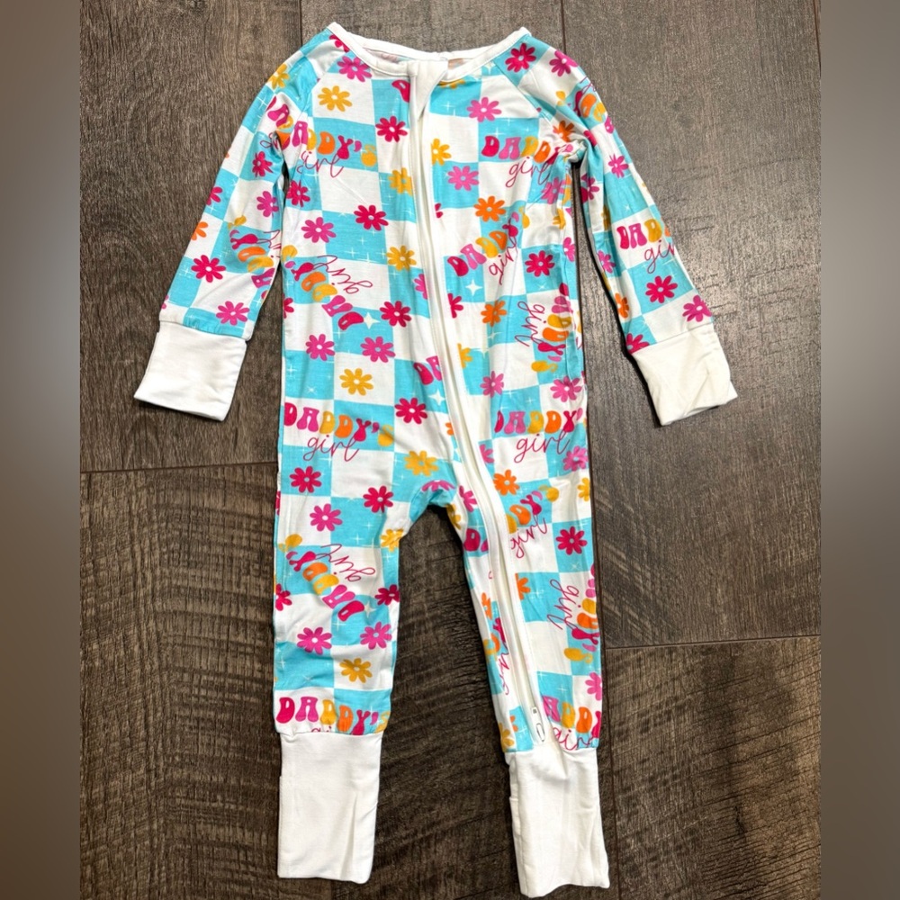 Bamboo Sleeper Floral “Daddy’s girl” print, Blue and White Check 3-6 m